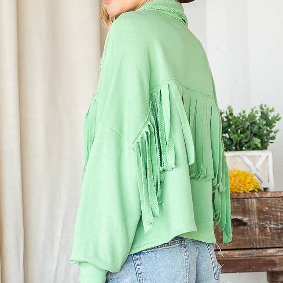 BUCKETLIST Fringe Details Loose Fit Jacket Sage Soft Cropped Boho - Picture 3 of 5